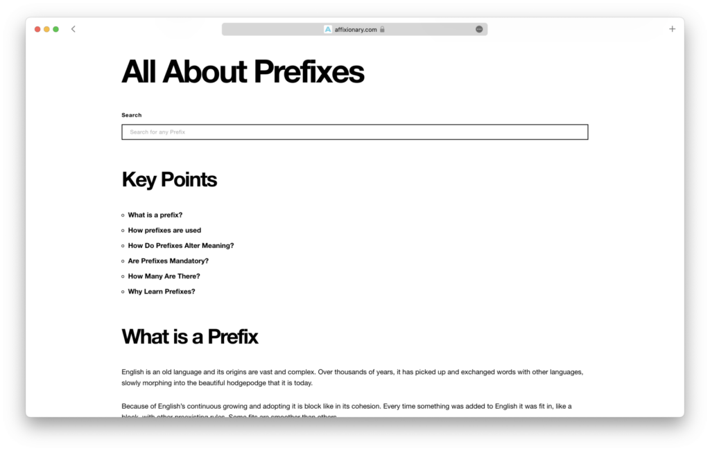A screenshot of the Affixionary learn page.