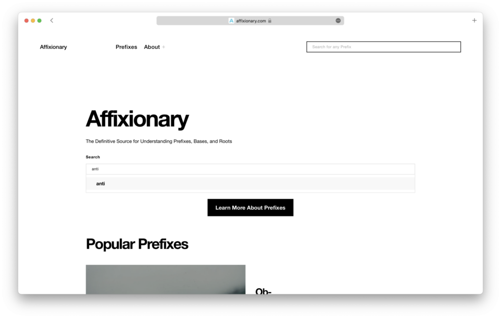 Screenshot of the Affixionary homepage.
