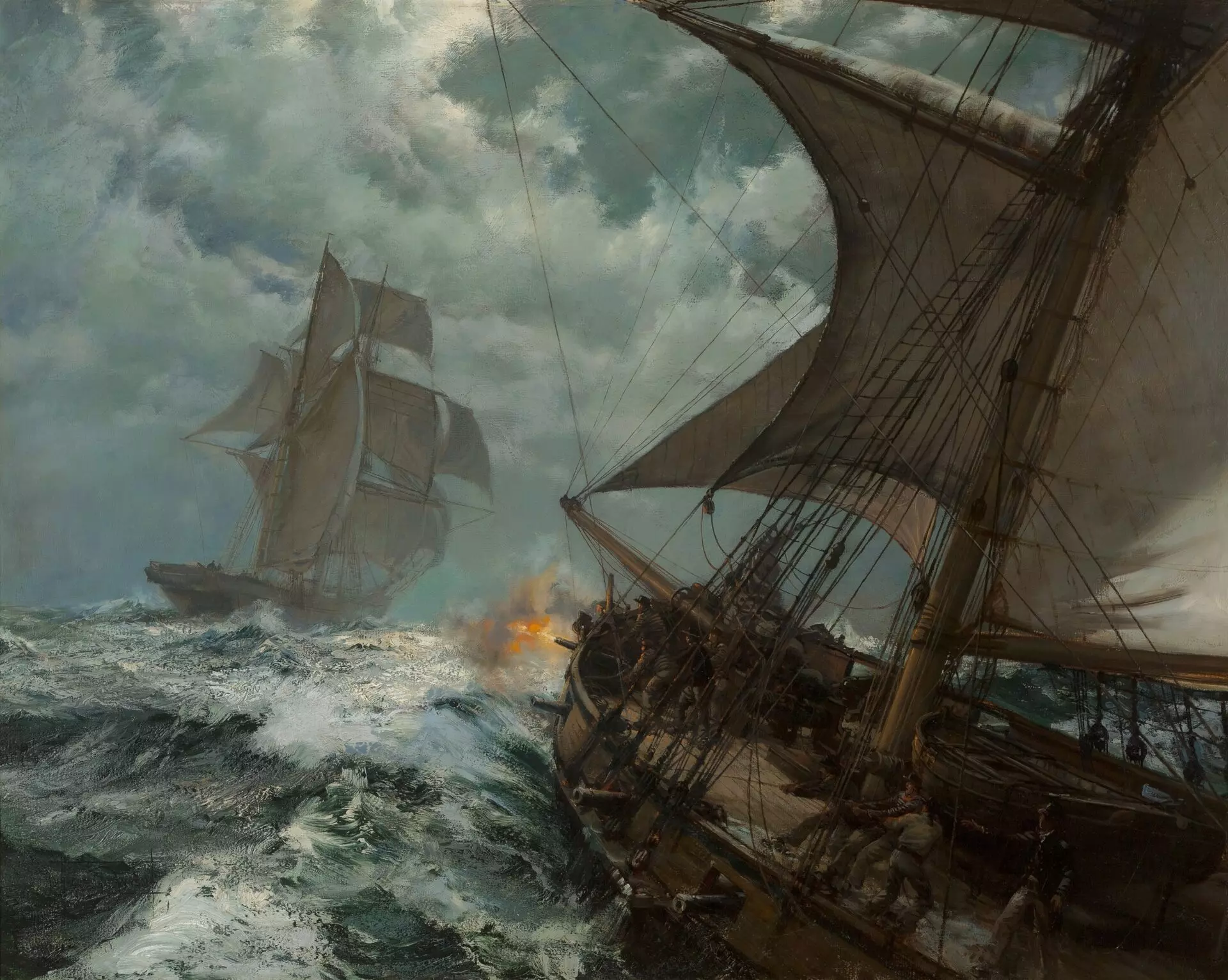 A painting of a tall ship firing a cannon at another ship.