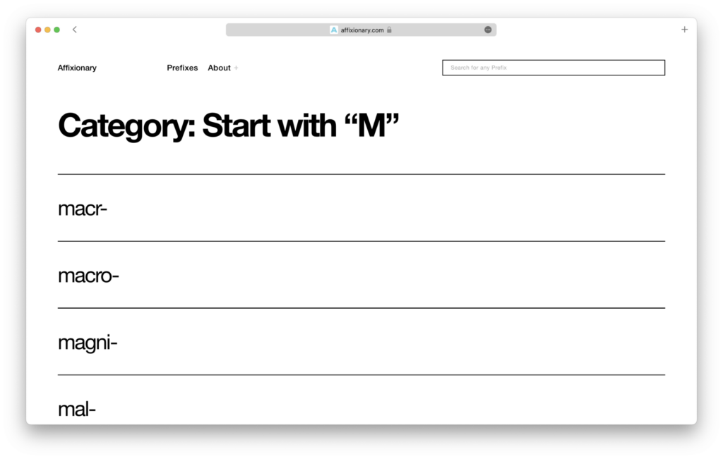 A screenshot of Affixionary prefix by letter page.