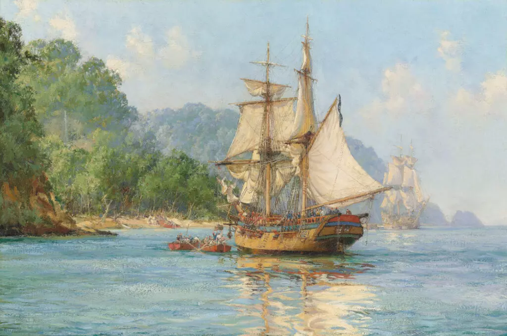 A painting of a masted ship docked by an island.