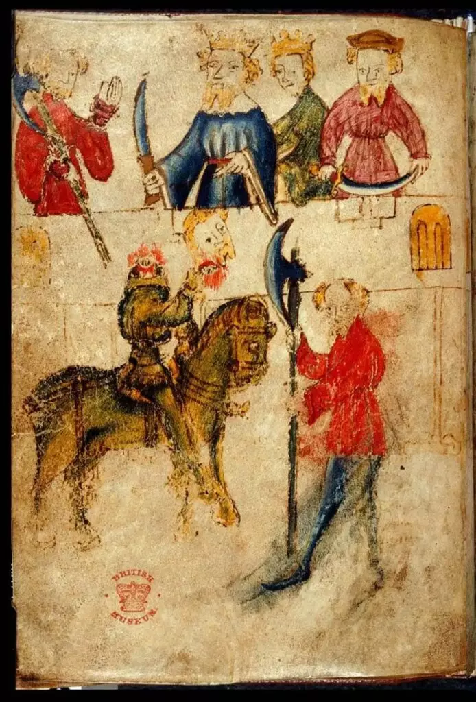 Painting of Sir Gawain encountering the Green Knight.